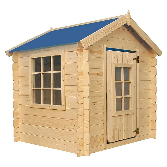 Timbela Spielhaus - L x B x H: 111 x 114 x 121 cm, Holz, Natur/Blau - Holzspielhaus mit blauem Dach, Fenster und Tür. Ideal für Kinder zum Spielen im Garten.
