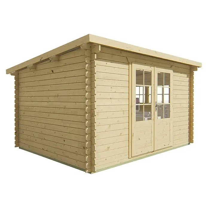 Tuindeco Gartenhaus Geel - L x B: 300 x 380 cm, Holz, Natur - Ein helles Holzgartenhaus mit Doppeltür und Fenstern, ideal für zusätzlichen Stauraum oder als gemütlicher Rückzugsort im Freien.