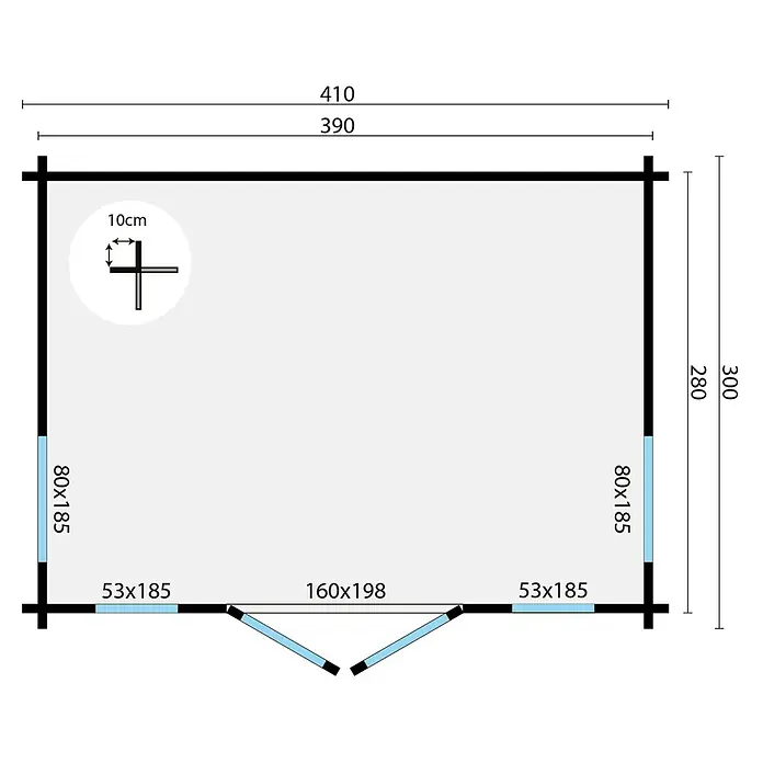 Tuindeco Gartenhaus Hamme - L x B: 410 x 300 cm, Holz, Natur - Abbildung eines Gartenhauses mit den Maßen 410 x 300 cm, die Fenster, Tür und die Abmessungen der Wände zeigt.