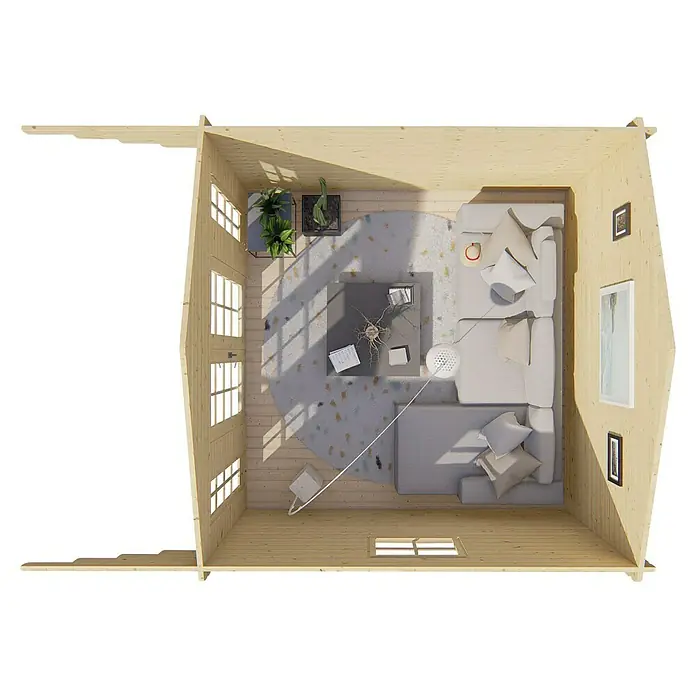 Tuindeco Gartenhaus Malmedy - L x B: 530 x 380 cm, Holz, Natur - Blick von oben auf ein Blockhaus mit Sitzbereich, grauem Sofa, Couchtisch und Dekorationen. Helle Holzwände und Fenster schaffen eine gemütliche Atmosphäre.