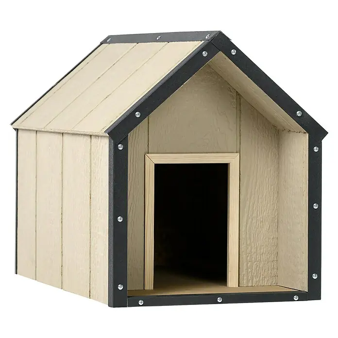 Timbela Hundehütte M970-1 LP SmartSide - 72 x 45 x 58 cm - Ein kleines, beiges Hundehaus mit schwarzem Rahmen und einer Öffnung für den Eingang. Ideal für den Garten oder die Terrasse!