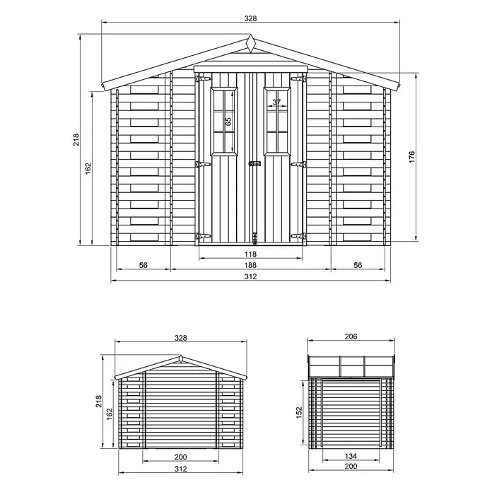 Timbela Gerätehaus M391C - Außenmaß inkl. Dachüberstand (B x T): 328 x 206 cm, Holz, Natur, Ohne Fußboden - Technische Zeichnung eines Gerätehauses mit Bemaßungen für Bau oder Planung, inklusive Seiten- und Vorderansicht.