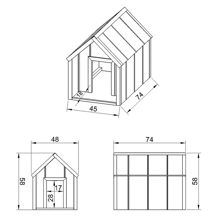 Timbela Hundehütte M970-1 LP SmartSide - 72 x 45 x 58 cm - Dreidimensionale Ansicht und Bauplan eines Holzspielhauses mit detaillierten Maßangaben für Bau und Konstruktion.