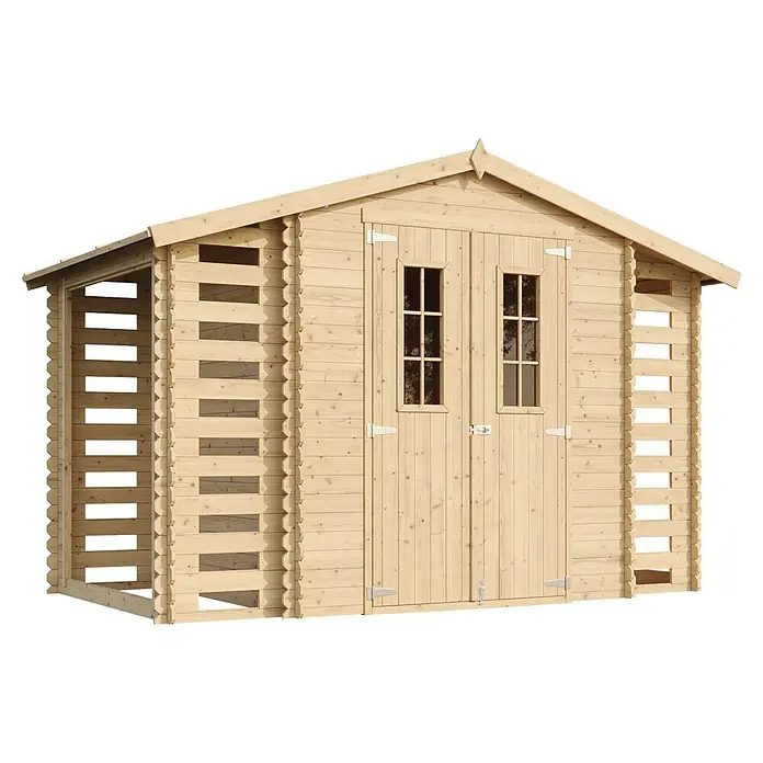 Timbela Gerätehaus M391C - Außenmaß inkl. Dachüberstand (B x T): 328 x 206 cm, Holz, Natur, Ohne Fußboden - Helle, naturbelassene Holzgartenlaube mit Doppeltür und Fenstern, ideal für zusätzlichen Stauraum im Garten.