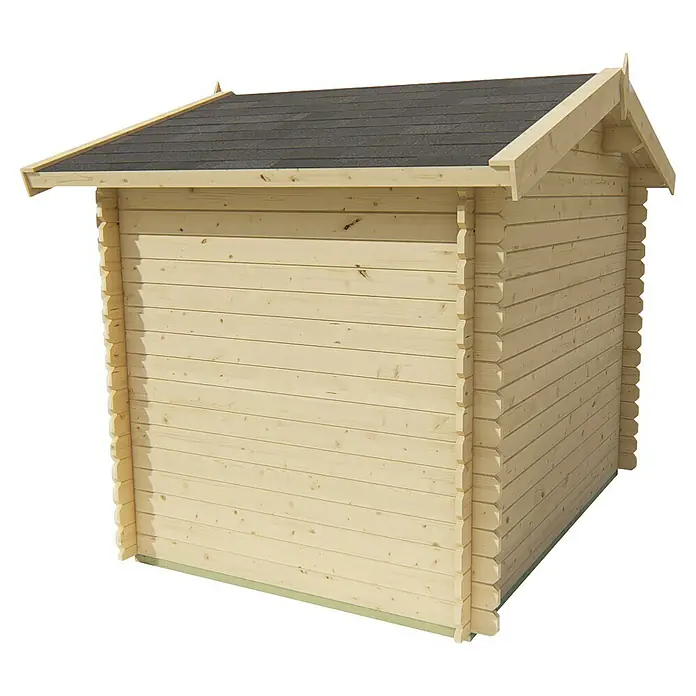 Tuindeco Gartenhaus Knokke - L x B: 2.300 x 2.600 mm, Holz, Natur - Außenansicht eines Holzgartenschuppens mit Satteldach und Blockbohlenwänden. Ideal für die Gartenaufbewahrung.