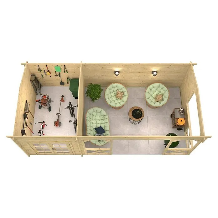 Tuindeco Gartenhaus Oostende - L x B: 700 x 350 cm, Holz, Natur - Übersicht eines Holzschuppens mit einem Stauraum und einem Loungebereich. Perfekt zur Gartenarbeit und zum Entspannen.