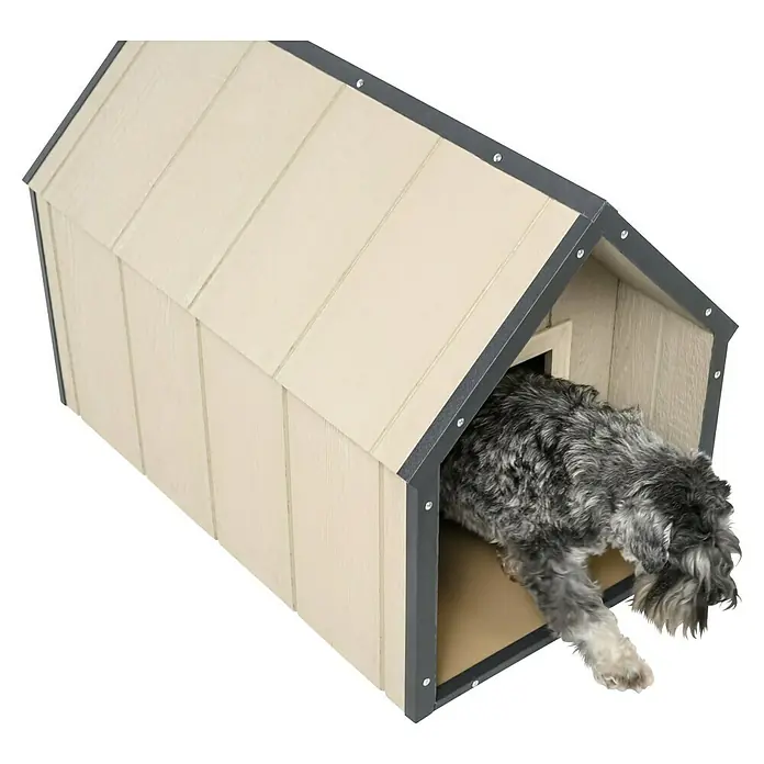Timbela Hundehütte SMARTSIDE M M971-1 - 93 x 54 x 68 cm - Hundehütte aus Holz mit einem grauem Hund der herauskommt.