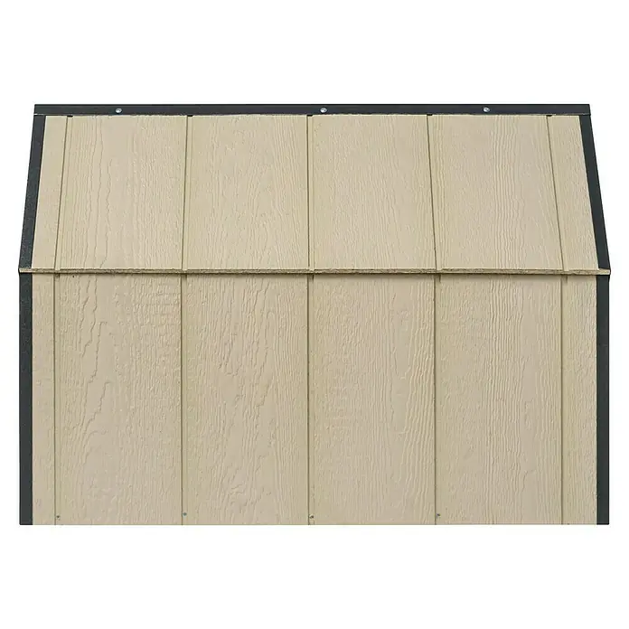 Timbela Hundehütte SMARTSIDE M M971-1 - 93 x 54 x 68 cm - Nahaufnahme einer hellbeigen Schuppenwand mit vertikalen Holzpaneelen und einem dunklen Rahmen, die die robuste Bauweise des Schuppens hervorhebt.