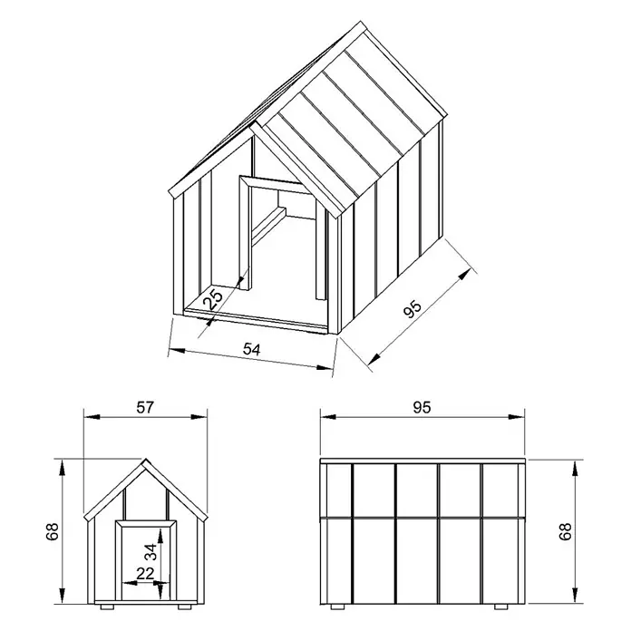 Timbela Hundehütte SMARTSIDE M M971-1 - 93 x 54 x 68 cm - Schemazeichnung eines Hundehauses mit Bemaßungen. Die Zeichnung zeigt Ansichten des Hauses von vorne, von der Seite und perspektivisch.