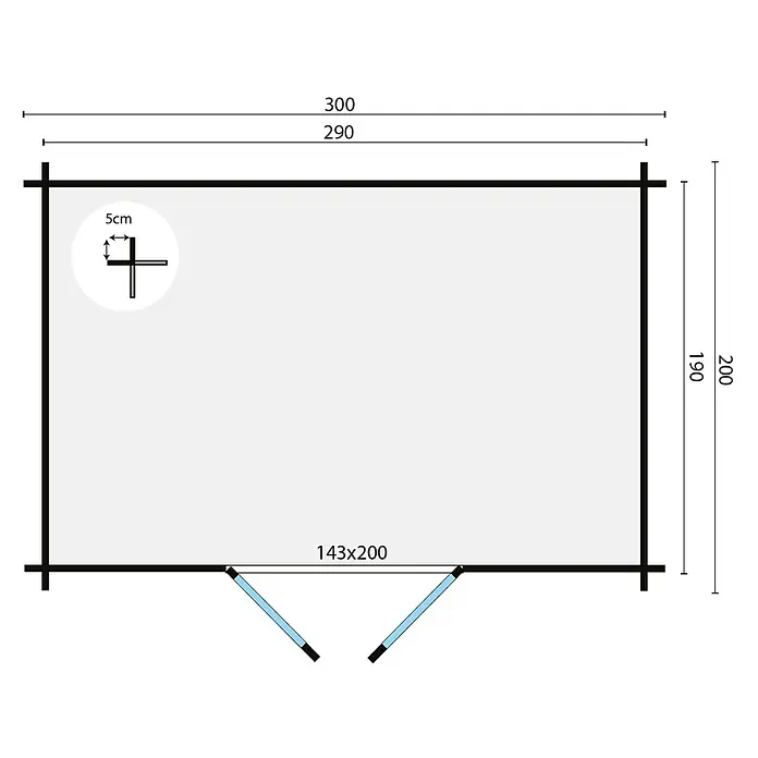 Tuindeco Gartenhaus Nieuwpoort - L x B: 200 x 300 cm, Holz, Natur - Draufsicht eines Blockhauses mit Abmessungen für die Planung oder den Bau. Die Hauptmaße des Hauses sind angegeben.