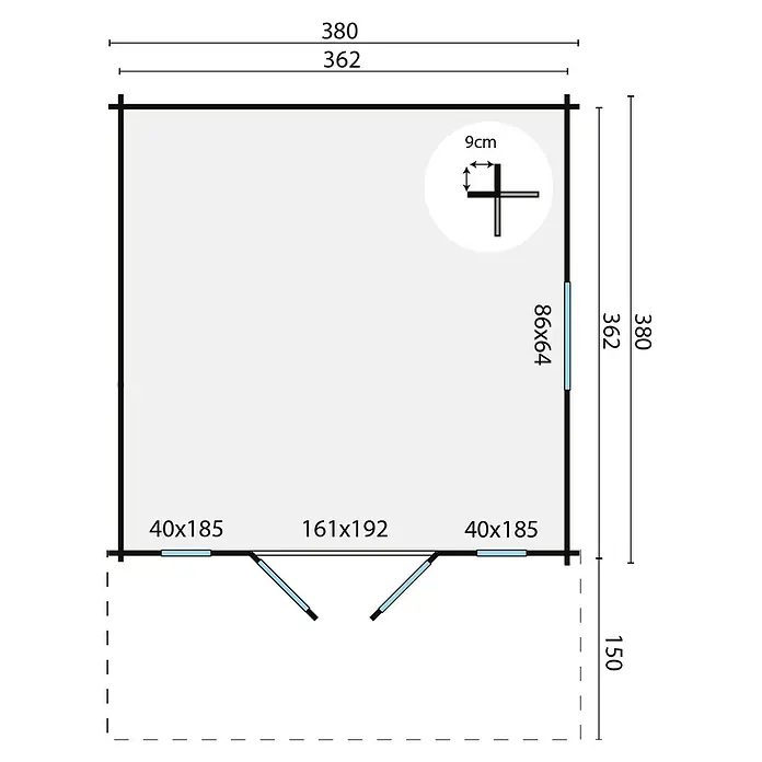 Tuindeco Gartenhaus Malmedy - L x B: 530 x 380 cm, Holz, Natur - Grundriss eines Gartenhauses mit Maßen, der die Tür-, Fenster- und Wandabmessungen zeigt.