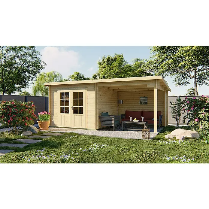 Tuindeco Gartenhaus Moorsele - L x B: 598 x 300 cm, Holz, Natur - Ein gemütliches Gartenhaus mit überdachter Terrasse lädt zum Verweilen im Freien ein. Die Holzkonstruktion fügt sich harmonisch in die grüne Umgebung ein.