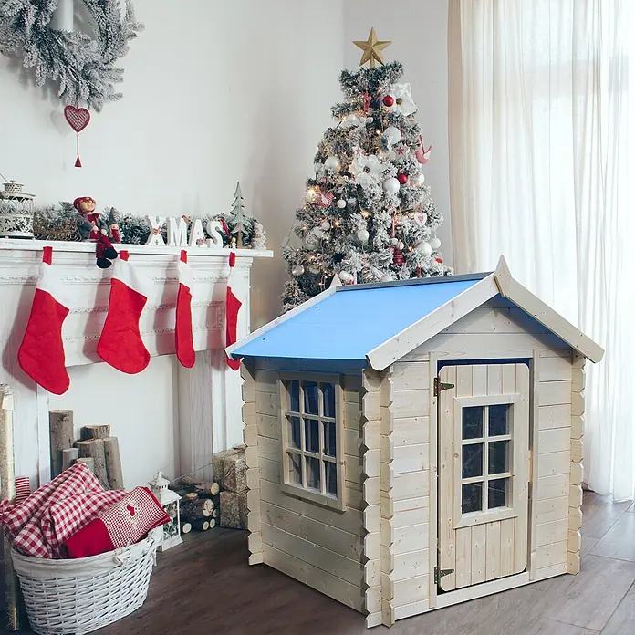 Timbela Spielhaus - L x B x H: 111 x 114 x 121 cm, Holz, Natur/Blau - Gemütliches hölzernes Spielhaus für Kinder mit blauem Dach in weihnachtlicher Umgebung. Ideal zum Spielen und Verstecken.