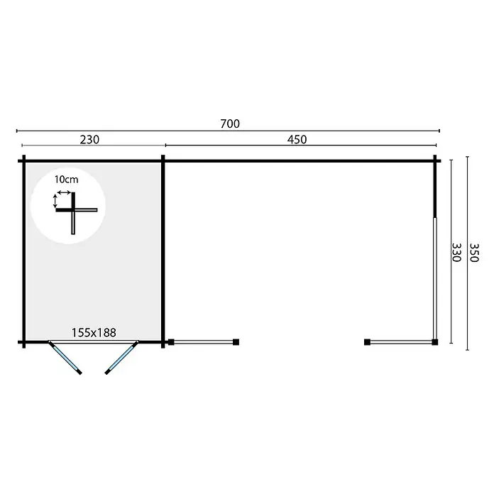 Tuindeco Gartenhaus Oostende - L x B: 700 x 350 cm, Holz, Natur - Grundriss eines Holzhauses mit Maßangaben für Fenster, Wände und Gesamtabmessungen. Ideal für Bauplanung und Visualisierung.