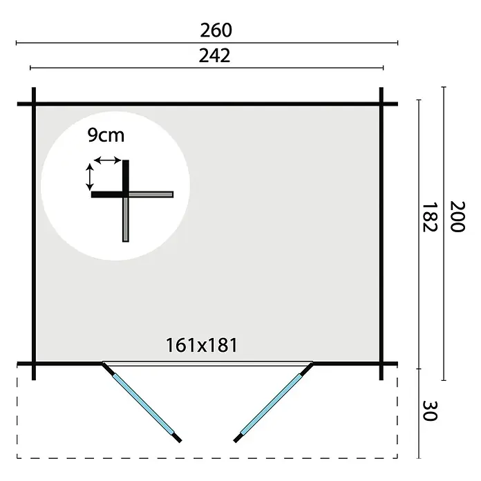Tuindeco Gartenhaus Knokke - L x B: 2.300 x 2.600 mm, Holz, Natur - Illustration des Grundrisses eines Gartenhauses mit Maßangaben zu Größe, Fenster und Tür für Planungszwecke.