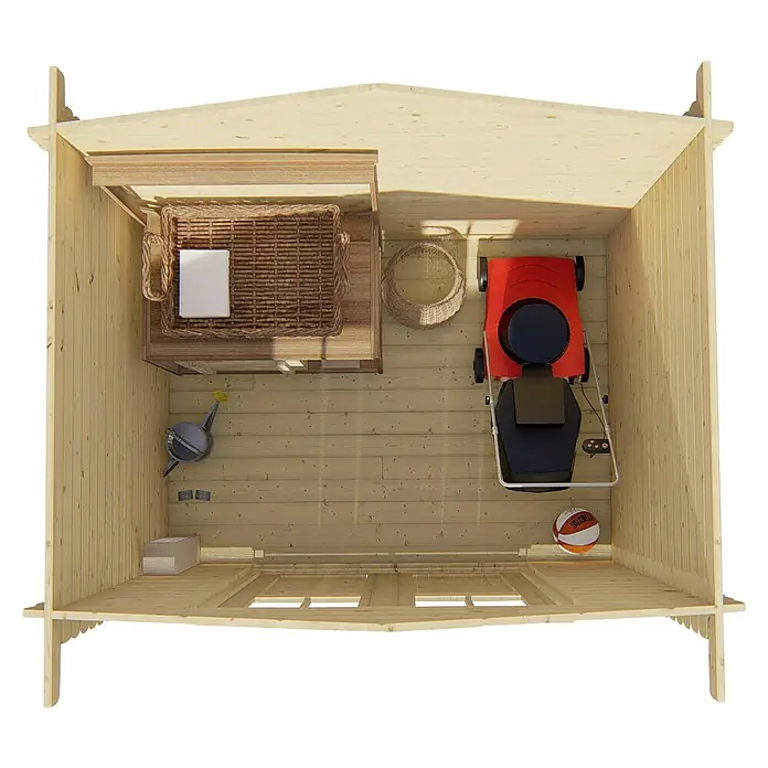 Tuindeco Gartenhaus Knokke - L x B: 2.300 x 2.600 mm, Holz, Natur - Draufsicht auf ein Holzlagerhaus mit Rasenmäher, Korb, Tisch mit Aufbewahrungskorb und Basketball.