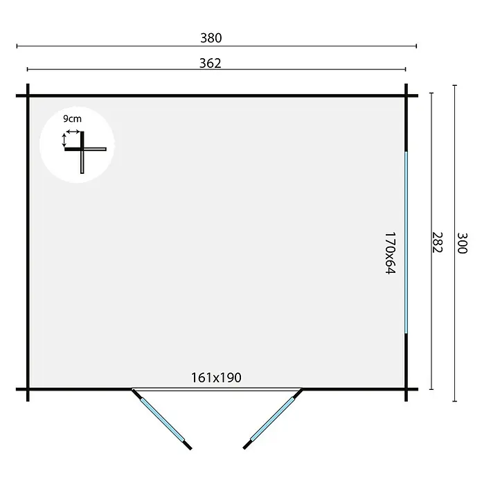 Tuindeco Gartenhaus Geel - L x B: 300 x 380 cm, Holz, Natur - Grundriss eines Gartenhauses mit den Maßen 380x300 cm, Fenster 161x190 cm, Tür 170x64 cm und einer Wandstärke von 9 cm.