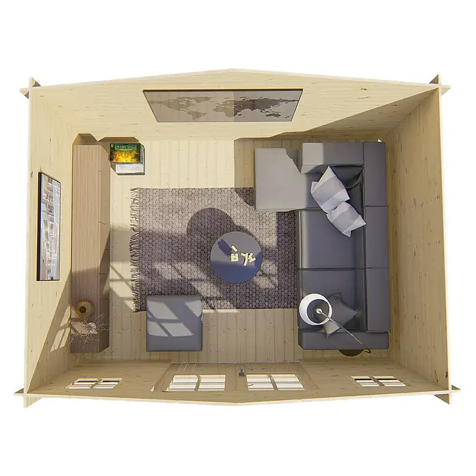 Tuindeco Gartenhaus Beveren - L x B: 300 x 400 cm, Holz, Natur - Innenansicht einer gemütlichen Holzhütte mit grauer Couch, Teppich und Fernseher für entspannte Stunden.
