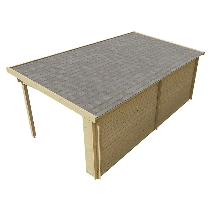 Tuindeco Gartenhaus Moorsele - L x B: 598 x 300 cm, Holz, Natur - Ansicht eines Holz-Carports mit Schindeldach, das langlebigen Schutz für Ihr Fahrzeug bietet und sich optisch in den Garten einfügt.