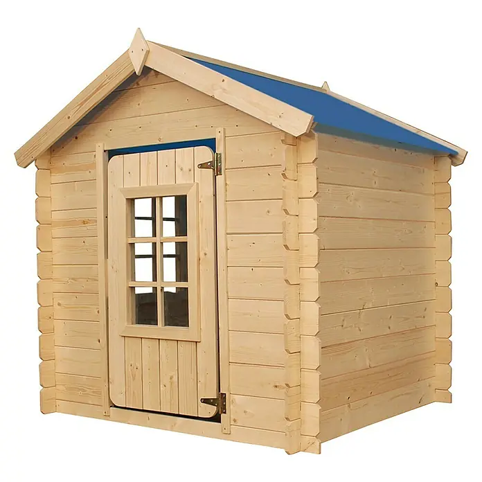 Timbela Spielhaus - L x B x H: 111 x 114 x 121 cm, Holz, Natur/Blau - Bild eines kleinen Holzgartenhauses mit blauem Dach und einer Tür mit Fenster, ideal zum Spielen und Entspannen im Freien.