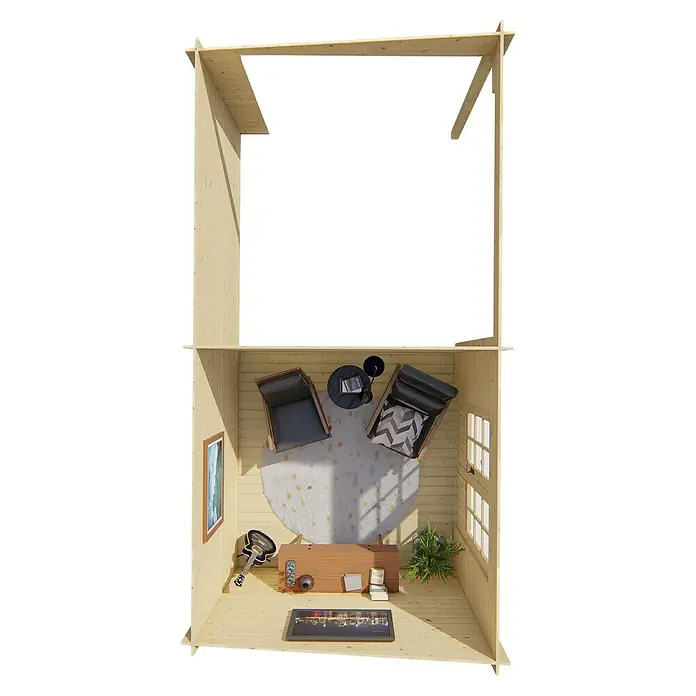Tuindeco Gartenhaus Moorsele - L x B: 598 x 300 cm, Holz, Natur - Ein gemütliches, zweistöckiges Holzhaus-Design mit Wohnbereich und Büro, ideal für Wohnen und Arbeiten in entspannter Atmosphäre.