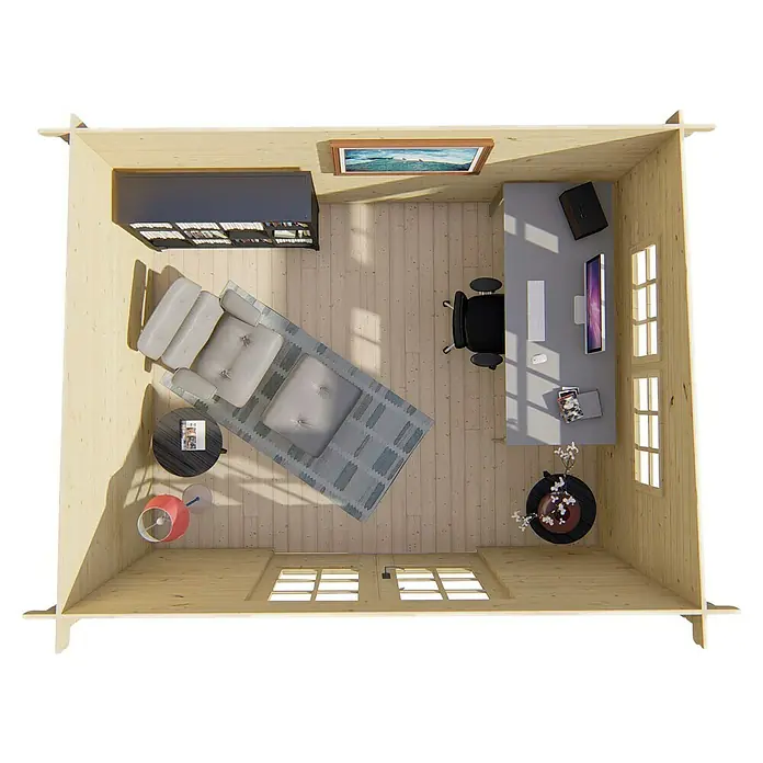Tuindeco Gartenhaus Geel - L x B: 300 x 380 cm, Holz, Natur - Draufsicht eines hölzernen Gartenhauses mit Büromöbeln, Bücherregal und Sessel, ideal zum Arbeiten oder Entspannen im Freien.