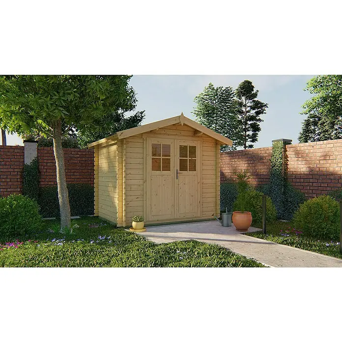 Tuindeco Gartenhaus Knokke - L x B: 2.300 x 2.600 mm, Holz, Natur - Eine Blockhütte aus Holz im Garten, ideal zur Aufbewahrung von Gartengeräten. Die Hütte hat Doppeltüren und ein Satteldach.