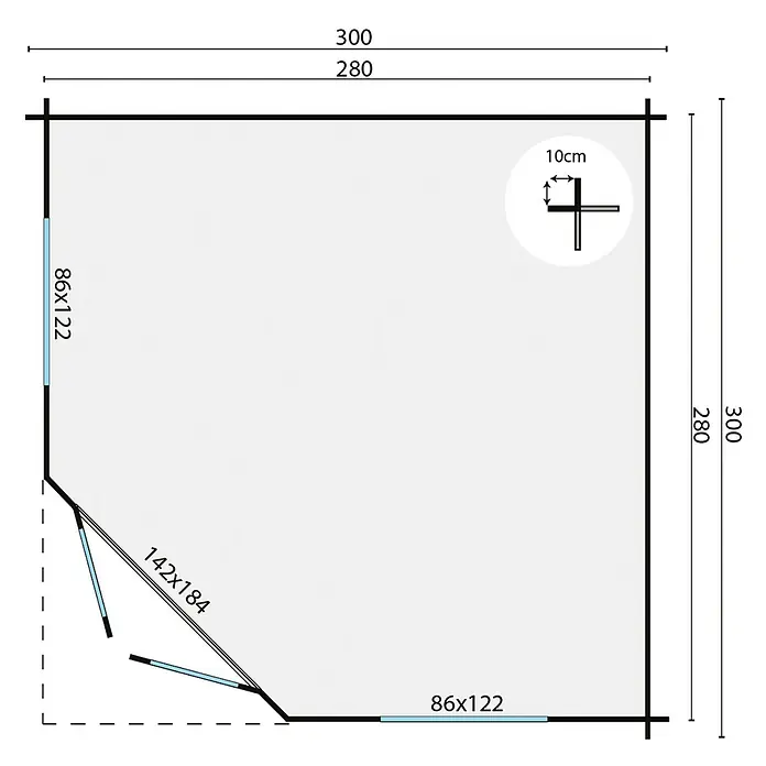 Tuindeco Gartenhaus Lier - L x B: 300 x 300 cm, Holz, Natur - Bild eines Bauplans für ein Holzhaus mit den Maßen 300 x 300 cm, inklusive Fenster- und Türpositionen für den Aufbau.