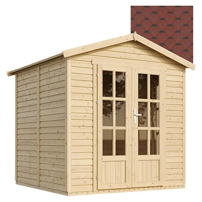 Timbela Gerätehaus M351FB+H351FBRED - Außenmaß inkl. Dachüberstand (B x T): 233 x 222 cm, Holz, Natur, Mit roten Bitumenschindeln - Holzgartenhaus mit Doppeltür und Fenstern, ideal für die Aufbewahrung von Gartengeräten und Werkzeugen. Das Haus bietet ausreichend Platz.