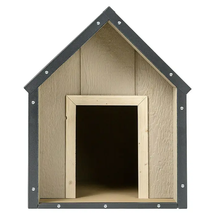 Timbela Hundehütte SMARTSIDE M M971-1 - 93 x 54 x 68 cm - Das Bild zeigt eine detailreiche Nahaufnahme eines Hundezwingers aus Holz mit dunklen, robusten Verstärkungen und Schrauben.