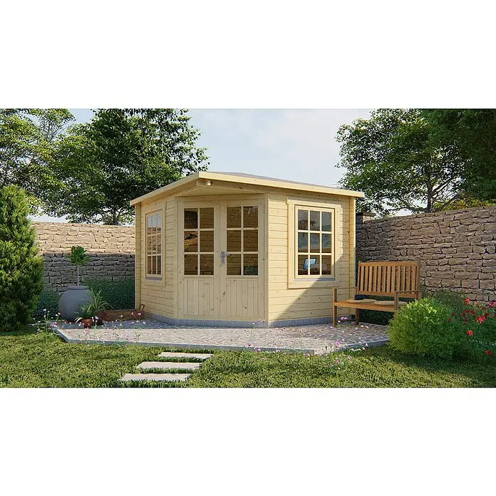 Tuindeco Gartenhaus Zeebrugge - L x B: 302 x 302 cm, Holz, Natur - Holzgartenhaus mit Fenstern und Doppeltür, umgeben von Grün. Das Gartenhaus bietet einen hellen, einladenden Raum.