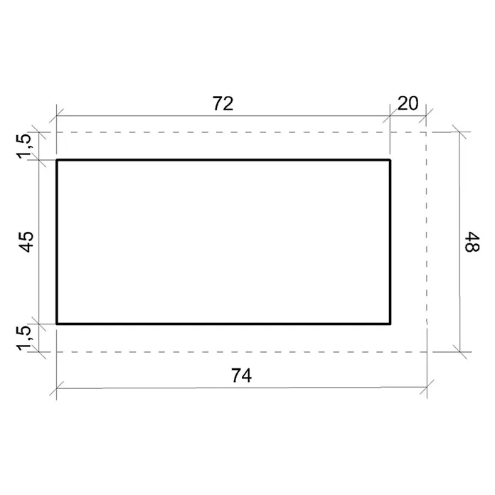 Timbela Hundehütte M970-1 LP SmartSide - 72 x 45 x 58 cm - Darstellung eines rechteckigen Objekts mit präzisen Maßangaben. Die Abmessungen sind in Millimetern angegeben, um eine klare Darstellung zu gewährleisten.
