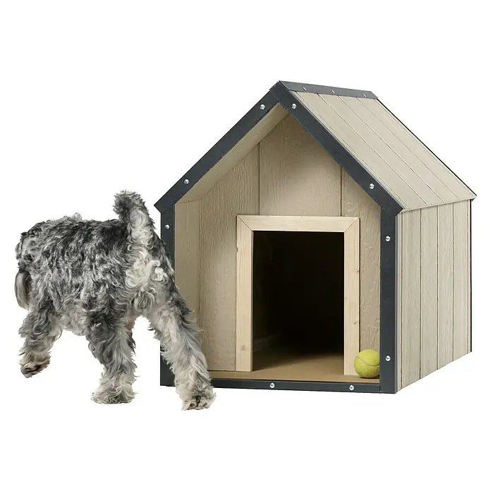 Timbela Hundehütte SMARTSIDE M M971-1 - 93 x 54 x 68 cm - Das Hundehäuschen bietet Schutz und Komfort. Ein verspielter Hund mit grauem Fell steht davor, bereit für ein gemütliches Nickerchen.
