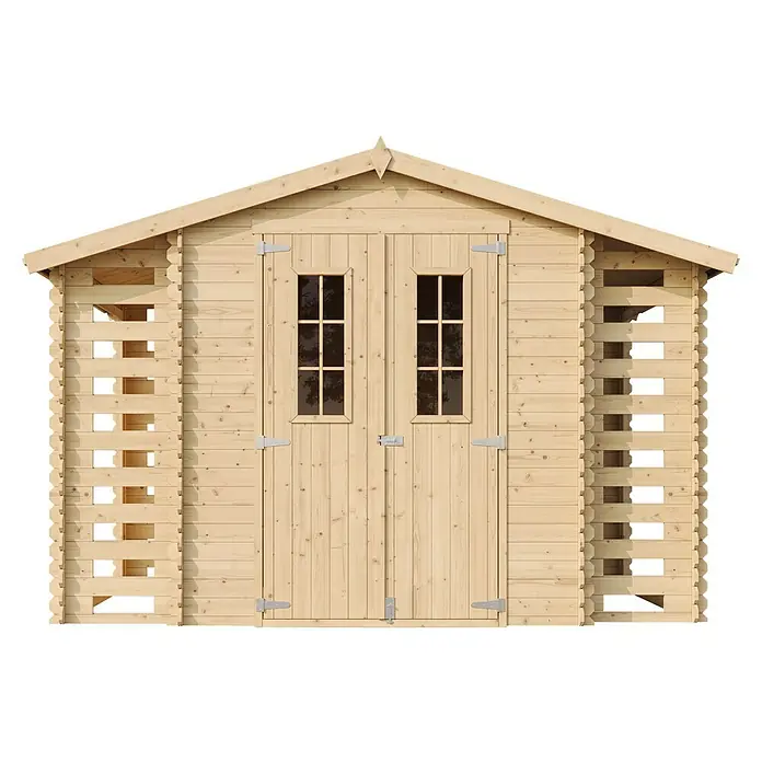 Timbela Gerätehaus M391C - Außenmaß inkl. Dachüberstand (B x T): 328 x 206 cm, Holz, Natur, Ohne Fußboden - Ein geräumiges Holzgartenhaus mit Doppeltür und Fenstern, ideal zur Aufbewahrung von Gartengeräten oder als Hobbyraum.
