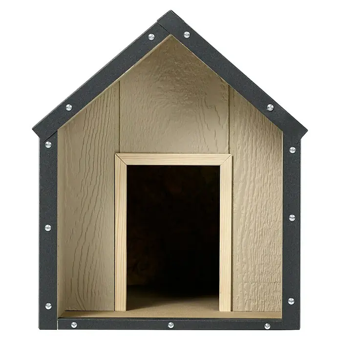 Timbela Hundehütte M970-1 LP SmartSide - 72 x 45 x 58 cm - Nahaufnahme eines Hundehauses mit Rahmen und Schrauben, das ein gemütliches und sicheres Gefühl für Haustiere vermittelt.