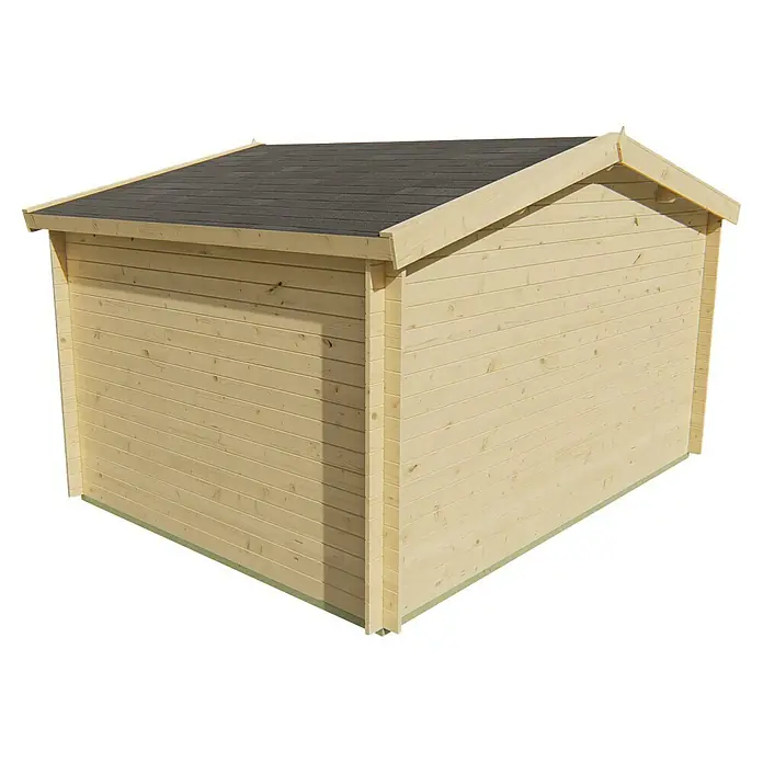 Tuindeco Gartenhaus Beveren - L x B: 300 x 400 cm, Holz, Natur - Abbildung eines Holzschuppens mit Satteldach und horizontaler Holzverkleidung. Die Holzstruktur ist hell und das Dach ist mit dunklen Dachziegeln gedeckt.