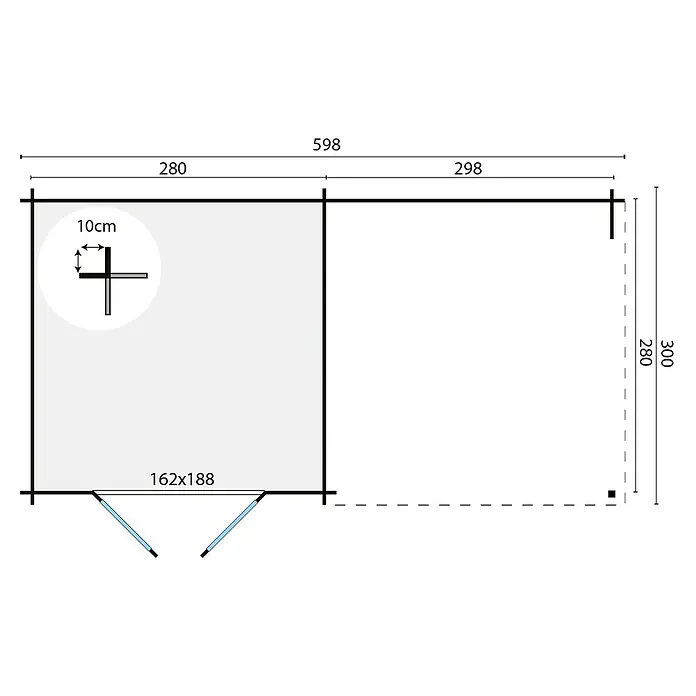 Tuindeco Gartenhaus Moorsele - L x B: 598 x 300 cm, Holz, Natur - Grundrisszeichnung eines Holzhauses mit Maßen. Das Haus hat eine Tür und ein Fenster. Die Gesamtlänge beträgt 598 cm.