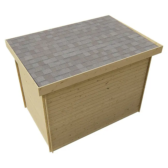 Tuindeco Gartenhaus Nieuwpoort - L x B: 200 x 300 cm, Holz, Natur - Draufsicht auf ein Holzgartenhaus mit Schindeldach. Das Gartenhaus ist aus hellem Holz gefertigt und hat ein schräges Dach.