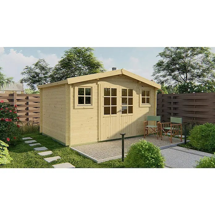 Tuindeco Gartenhaus Beveren - L x B: 300 x 400 cm, Holz, Natur - Ein helles Holzgartenhaus mit Fenstern und Doppeltür auf einer gepflasterten Fläche mit Gartenmöbeln und üppigem Grün.