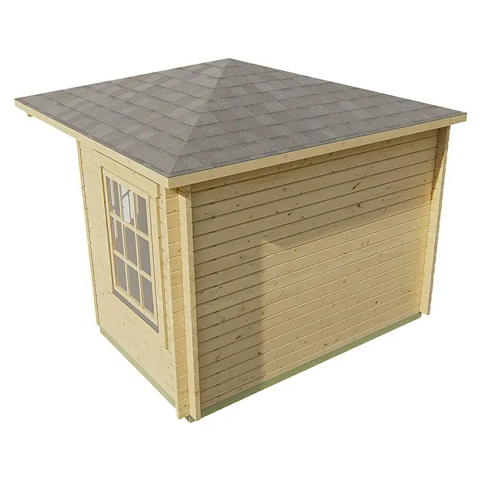 Tuindeco Gartenhaus Zeebrugge - L x B: 302 x 302 cm, Holz, Natur - Abbildung eines Gartenhauses aus Holz mit grauem Dach und Fenster. Das Gartenhaus ist aus hellem Holz gefertigt.