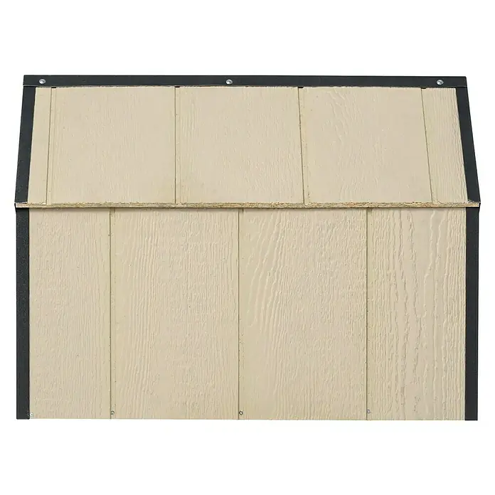 Timbela Hundehütte M970-1 LP SmartSide - 72 x 45 x 58 cm - Die Rückwand eines beigen Holzhauses ist mit schwarzem Rahmen verziert und mit kleinen Schrauben befestigt.