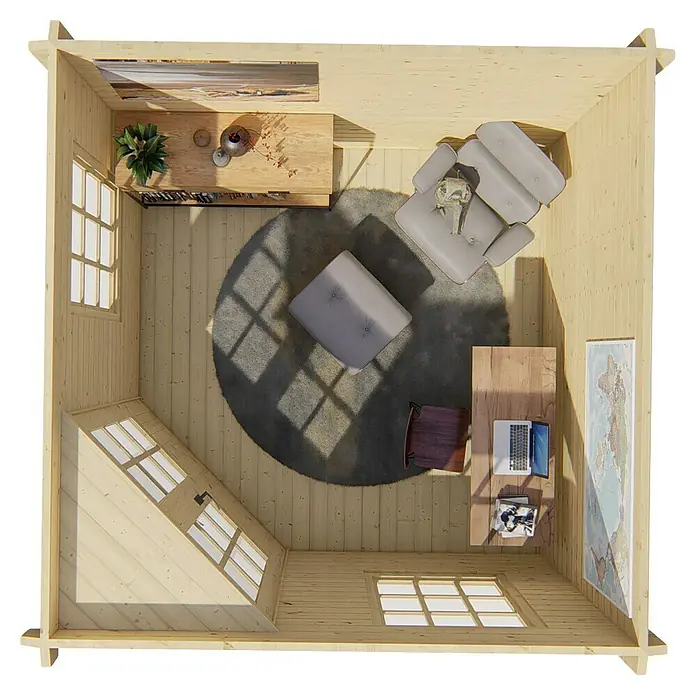 Tuindeco Gartenhaus Zeebrugge - L x B: 302 x 302 cm, Holz, Natur - Ansicht von oben des gemütlichen Holzhauses mit Möbeln, Schreibtisch, Stuhl und Fenster für entspanntes Arbeiten.