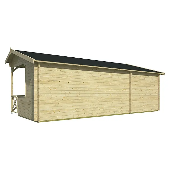 Tuindeco Gartenhaus Oostende - L x B: 700 x 350 cm, Holz, Natur - Blick auf ein Holzgartenhaus mit Pultdach und Fensterpartie an der Giebelseite. Das naturbelassene Holz sorgt für eine warme Optik.