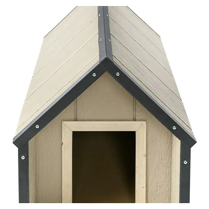 Timbela Hundehütte SMARTSIDE M M971-1 - 93 x 54 x 68 cm - Nahaufnahme eines Holz-Hundehauses mit Giebeldach und rechteckiger Türöffnung, idealer Unterschlupf für Haustiere im Freien.
