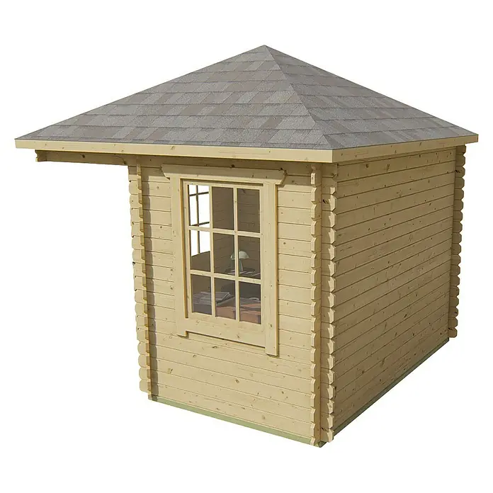 Tuindeco Gartenhaus Lier - L x B: 300 x 300 cm, Holz, Natur - Detailansicht eines Holzgartenhauses mit Fenster und grauem Dach, das eine gemütliche und naturnahe Atmosphäre bietet.
