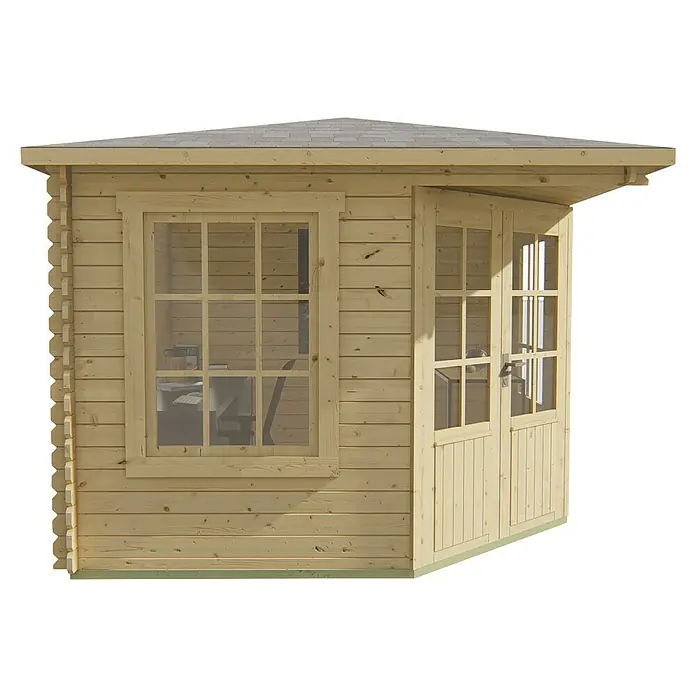 Tuindeco Gartenhaus Lier - L x B: 300 x 300 cm, Holz, Natur - Detailaufnahme eines Holzgartenhauses mit Fenster und Doppeltür, das natürliche Licht und rustikalen Charme bietet.