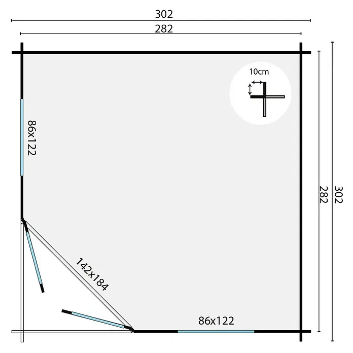 Tuindeco Gartenhaus Zeebrugge - L x B: 302 x 302 cm, Holz, Natur - Grundrisszeichnung eines kleinen Holzhauses mit den Maßen 302x302cm, inklusive Fenster- und Türpositionen.