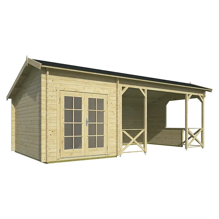 Tuindeco Gartenhaus Oostende - L x B: 700 x 350 cm, Holz, Natur - Ansicht eines Holzgartenhauses mit Doppeltüren und einer überdachten Veranda, ideal für Entspannung im Freien und als Gartenmittelpunkt.