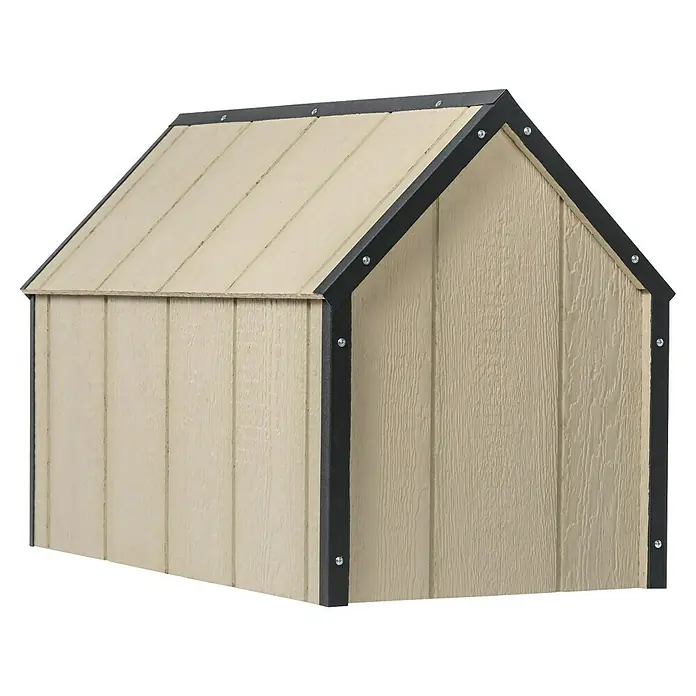 Timbela Hundehütte SMARTSIDE M M971-1 - 93 x 54 x 68 cm - Das Bild zeigt ein beiges Hundehütte mit einem Dach. Das Haus ist aus Holz gefertigt und hat eine schwarze Umrandung.
