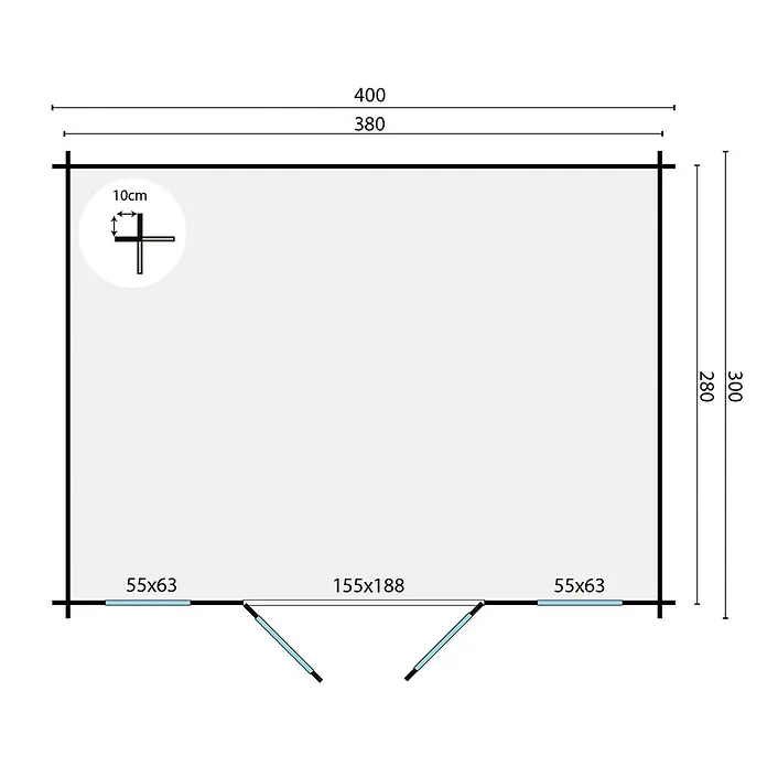 Tuindeco Gartenhaus Beveren - L x B: 300 x 400 cm, Holz, Natur - Grundriss eines Gartenhauses mit Abmessungen für Wände, Türen und Fenster. Ideal für Planung und Bau eines Gartenhauses.